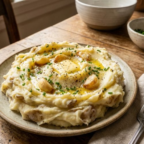 Ultimate Garlic Mashed Potatoes Creamy Flavor Packed Comfort Side Dish. Close Up Plate Casual Kitchen Settings