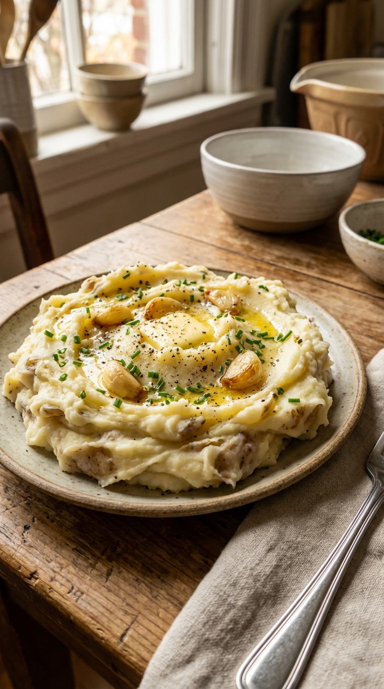 Ultimate Garlic Mashed Potatoes Creamy Flavor Packed Comfort Side Dish. Close Up Plate Casual Kitchen Settings