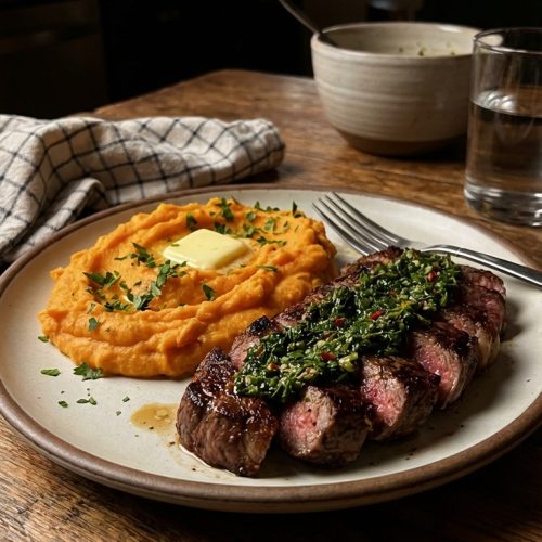 Weeknight Favorite Steak With Green Sauce And Mashed Sweet Potatoes Easy Flavorful. Close Up Plate Casual Kitchen Settings