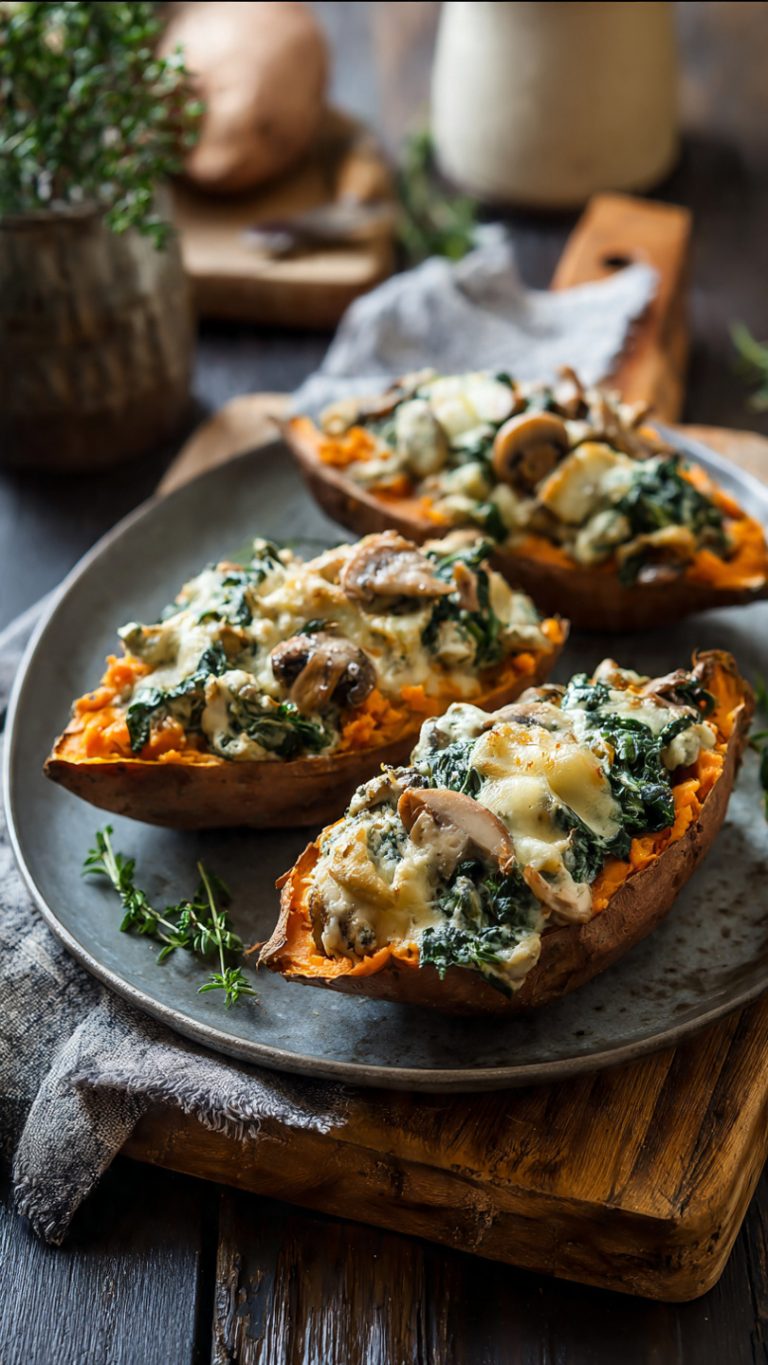 Creamy Mushroom And Spinach Stuffed Sweet Potatoes