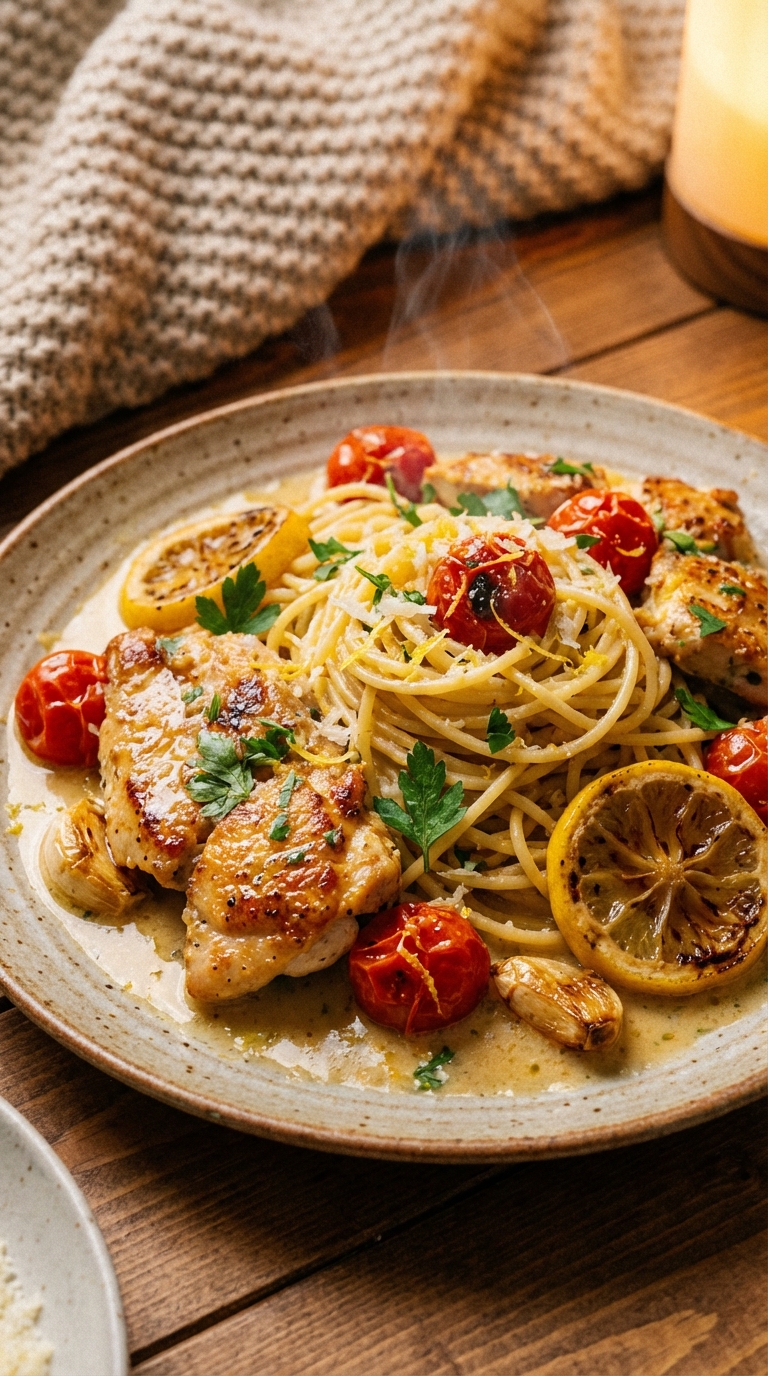 Bright Lemon Garlic Chicken Pasta A Cozy Weeknight Favorite. Close Up Plate Realistic Photo