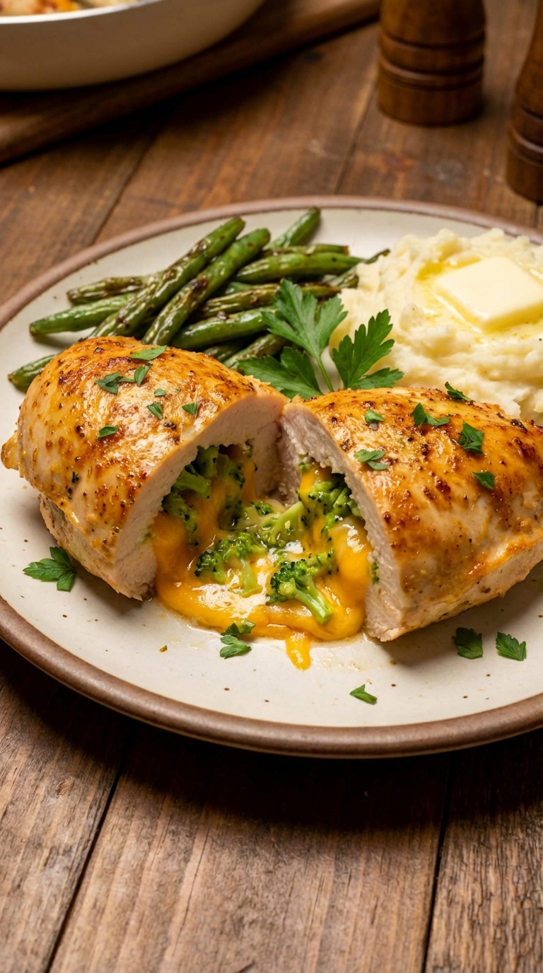 Broccoli And Cheddar Stuffed Chicken Easy Cozy Weeknight Dinner. Close Up Plate Realistic Photo