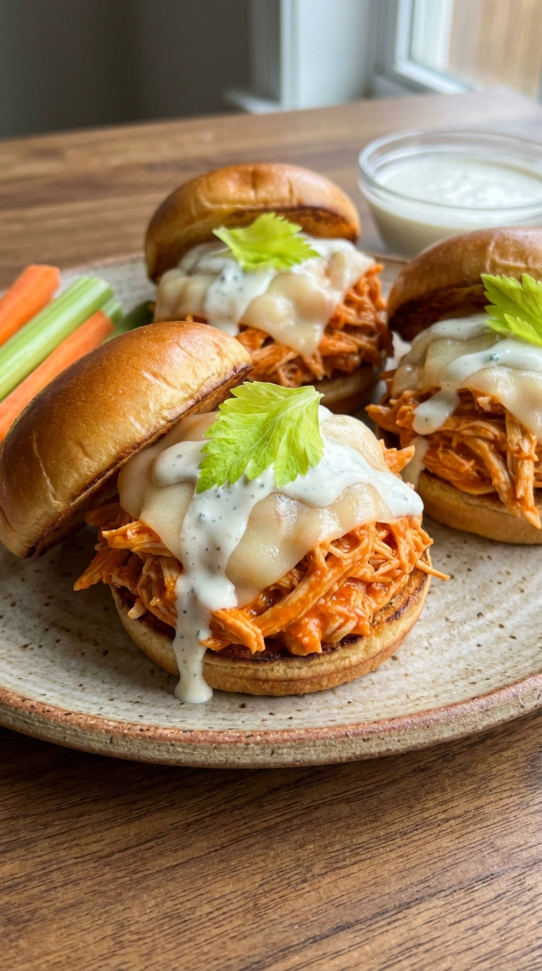 Buffalo Shredded Chicken Sliders A Flavorful Easy Weeknight Favorite. Close Up Plate Realistic Photo