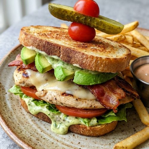 California Grilled Chicken Club With Avocado And Bacon A Fresh Flavorful Take On A Classic. Close Up Plate Realistic Photo
