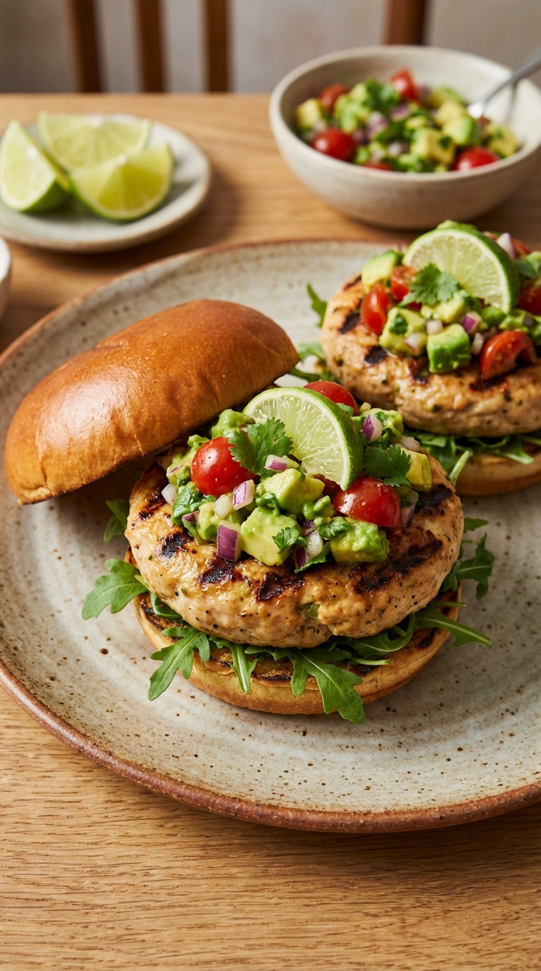 Chicken Burgers With Avocado Salsa A Simple Satisfying Weeknight Favorite. Close Up Plate Realistic Photo