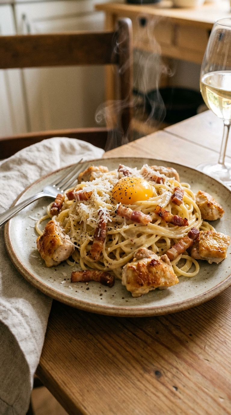 Chicken Carbonara A Cozy Weeknight Favorite Made Simple. Close Up Plate Realistic Photo