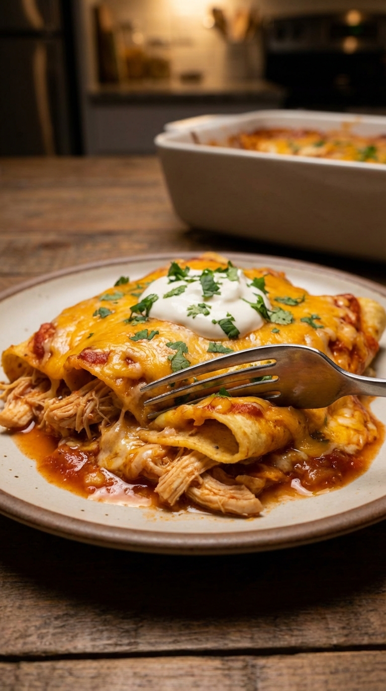 Chicken Enchilada Casserole A Cozy Weeknight Favorite Youll Actually Reach For. Close Up Plate Realistic Photo
