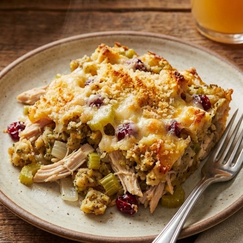 Chicken And Stuffing Casserole A Cozy Weeknight Favorite Youll Love. Close Up Plate Realistic Photo