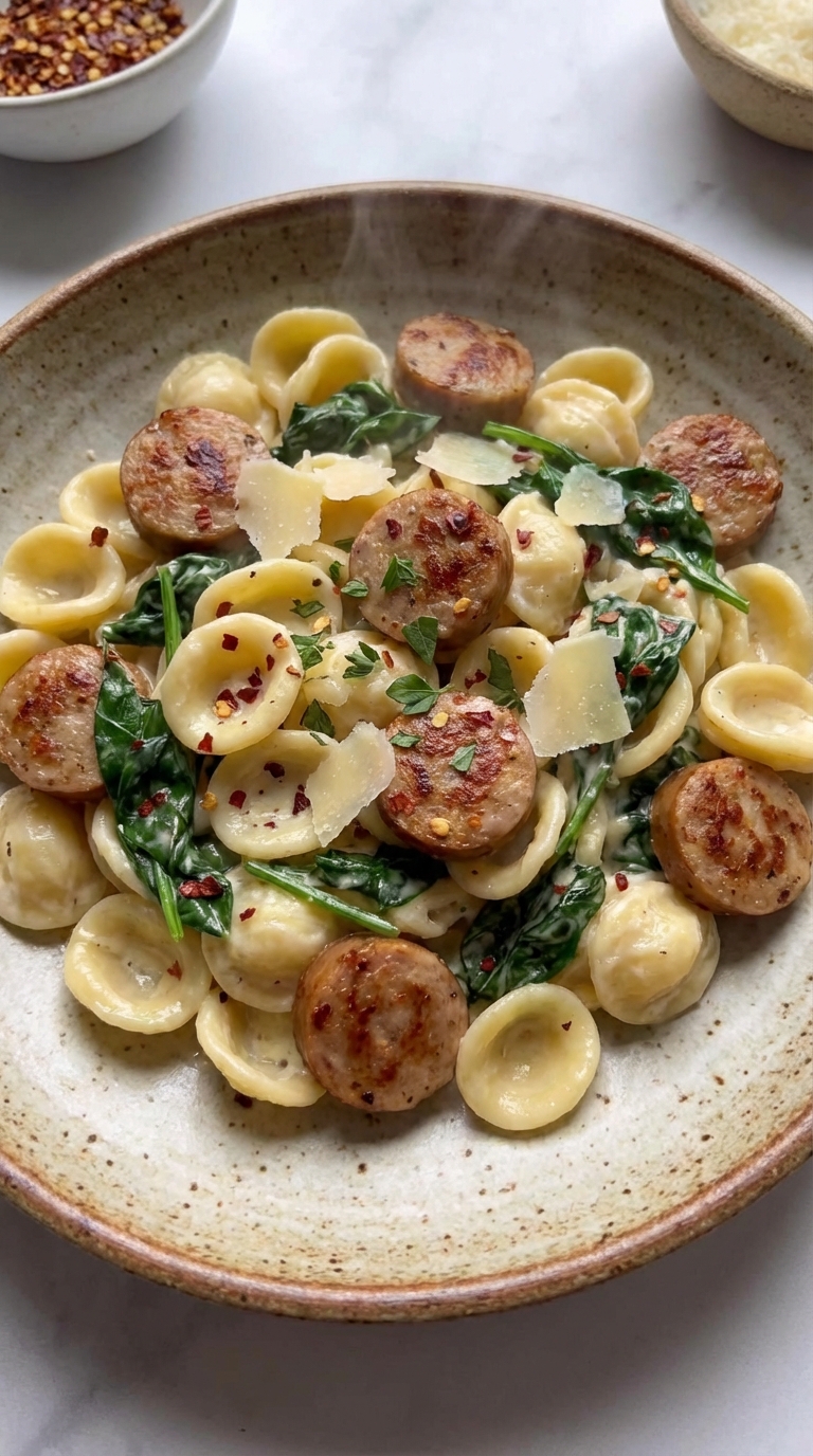Creamy Chicken Sausage And Spinach Pasta A Cozy Weeknight Favorite. Close Up Plate Realistic Photo