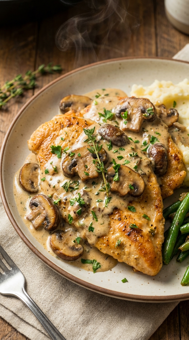 Creamy Mushroom And Thyme Chicken Cutlets A Cozy Weeknight Favorite. Close Up Plate Realistic Photo