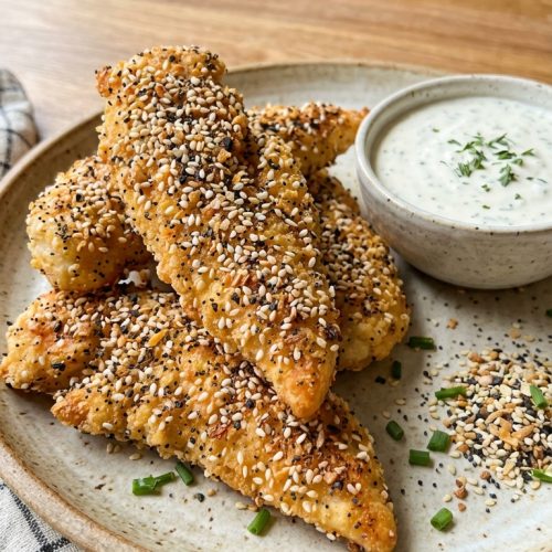 Everything Bagel Seasoned Chicken Tenders A Simple Crowd Pleasing Weeknight Favorite. Close Up Plate Realistic Photo