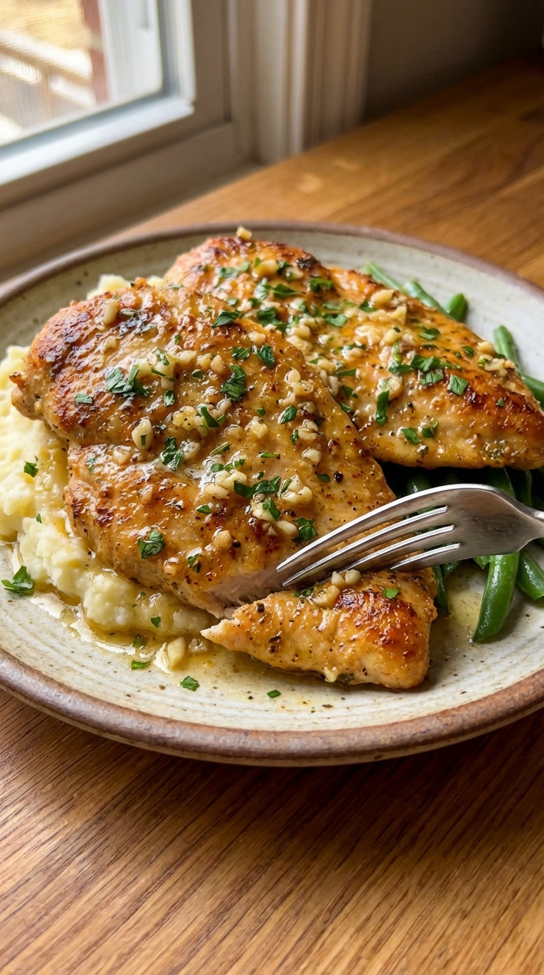 Garlic Butter Chicken Cutlets A Simple Comforting Weeknight Favorite. Close Up Plate Realistic Photo