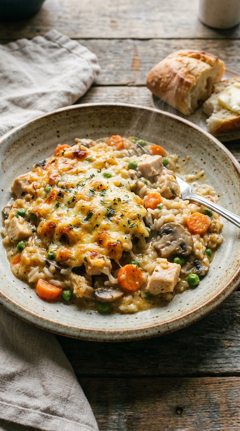 Homestyle Creamy Chicken And Rice Casserole A Cozy Weeknight Favorite. Close Up Plate Realistic Photo
