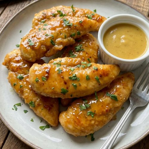 Honey Mustard Glazed Chicken Tenders A Quick Cozy Weeknight Favorite. Close Up Plate Realistic Photo