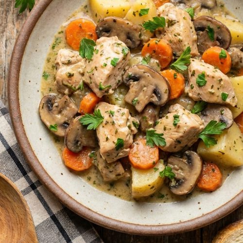 Irresistible Slow Cooker Chicken And Mushroom Stew Cozy Simple And Weeknight Friendly. Close Up Plate Realistic Photo