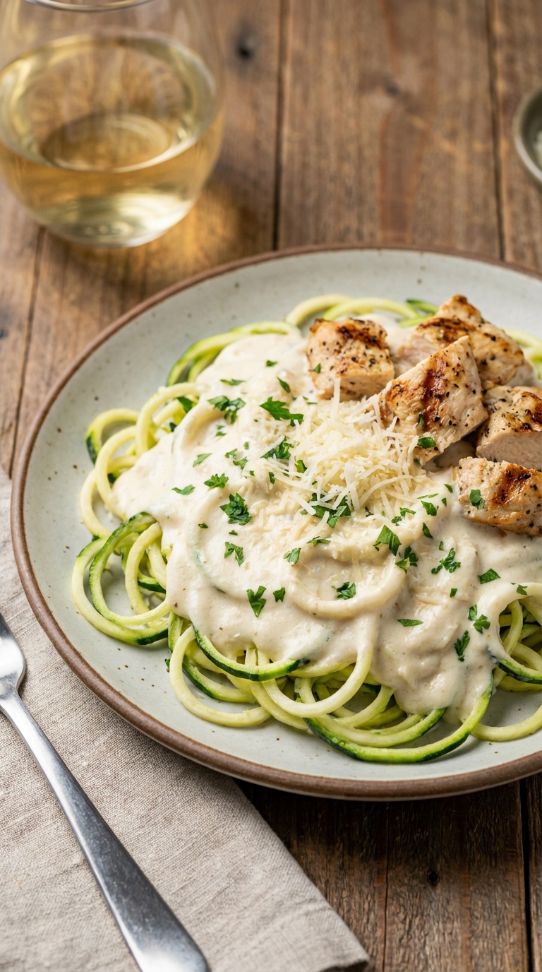 Keto Chicken Alfredo With Zucchini Noodles A Cozy Low Carb Dinner Idea Your Taste Buds Will Love. Close Up Plate Realistic Photo