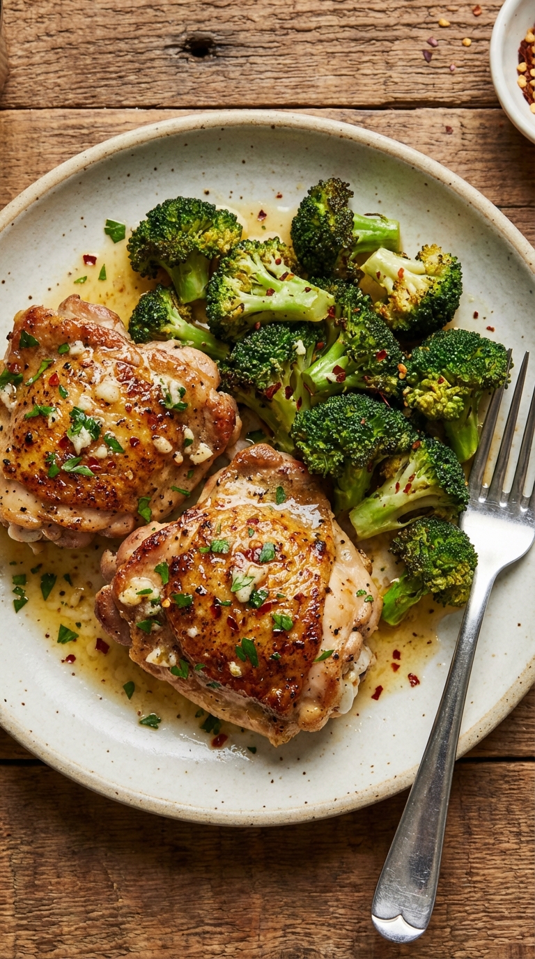 Keto Garlic Butter Chicken And Broccoli A Simple Satisfying Weeknight Favorite. Close Up Plate Realistic Photo