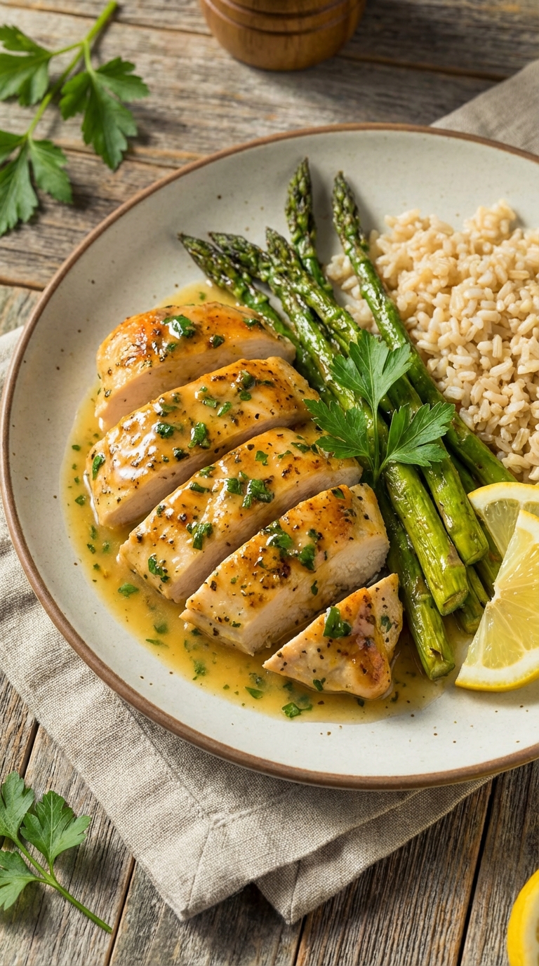 Lemon Chicken A Fresh Well Balanced Weeknight Favorite. Close Up Plate Realistic Photo