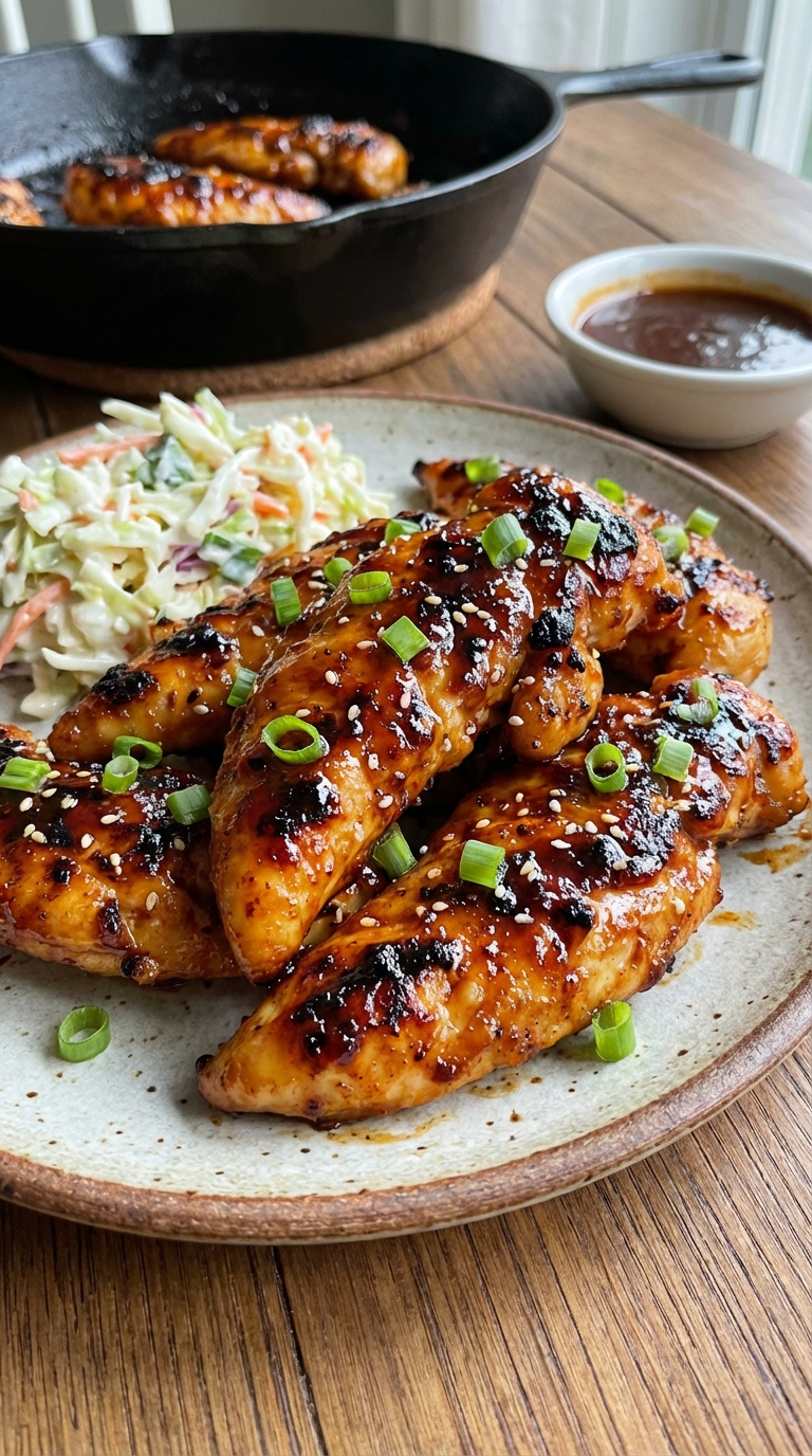 Maple Bourbon BBQ Chicken Tenders Juicy Sweet Savory Skillet Recipe. Close Up Plate Realistic Photo