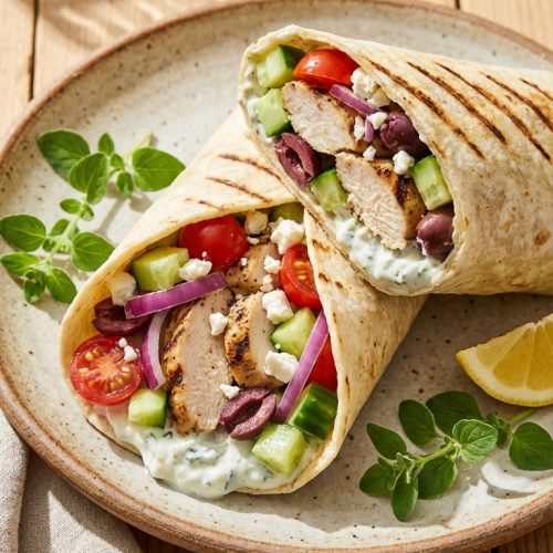 Mediterranean Chicken Wrap Recipe Quick Fresh And Flavorful. Close Up Plate Realistic Photo