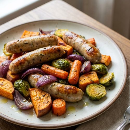 One Pan Comfort The Best Sheet Pan Chicken Sausage And Vegetables Youll Make Again. Close Up Plate Realistic Photo
