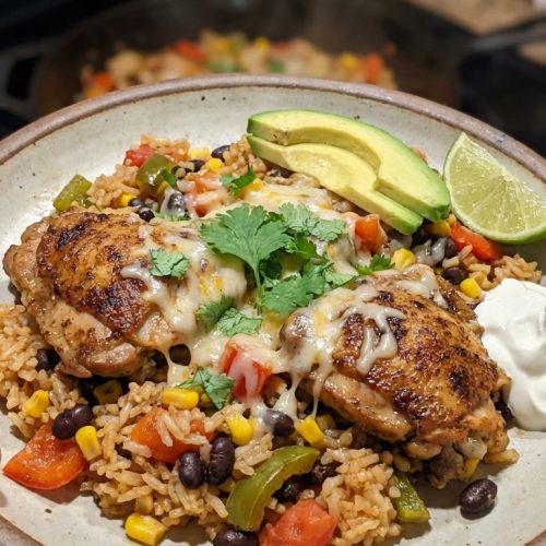 One Pan Mexican Chicken And Rice Cozy Flavorful Comfort In Every Bite. Close Up Plate Realistic Photo