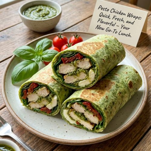 Pesto Chicken Wraps Quick Fresh And Flavorful – Your New Go To Lunch. Close Up Plate Realistic Photo
