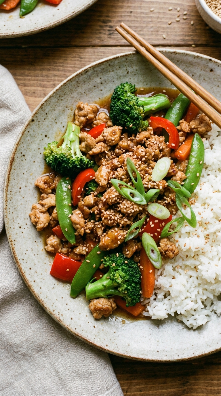 Sesame Ground Chicken Stir Fry Easy Weeknight Recipe For Busy Nights. Close Up Plate Realistic Photo
