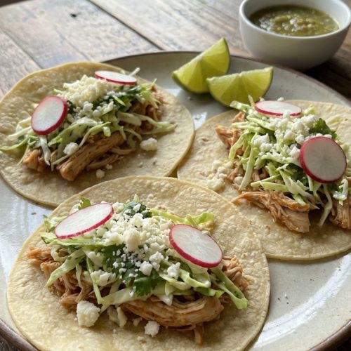 Shredded Chicken Tacos With Cilantro Lime Slaw — A Easy Bright Weeknight Favorite. Close Up Plate Realistic Photo