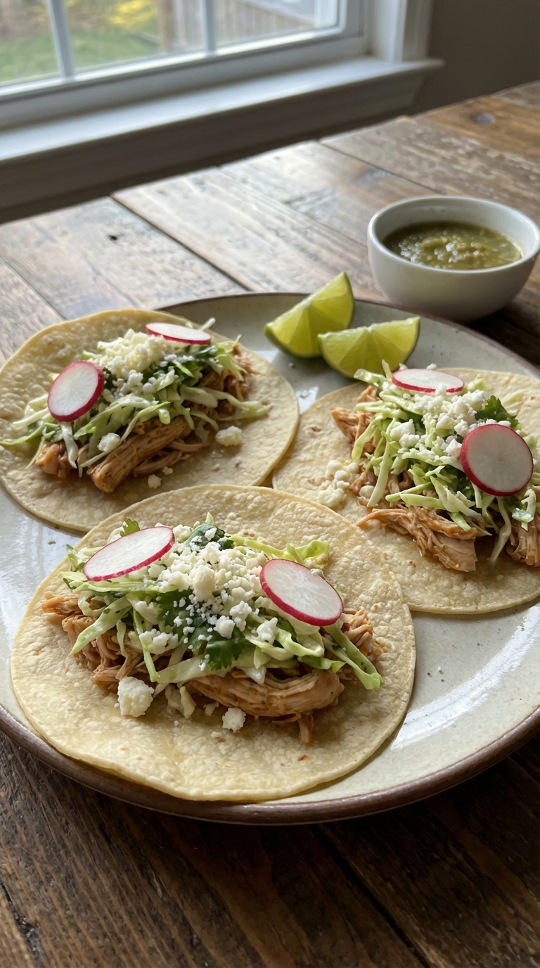 Shredded Chicken Tacos With Cilantro Lime Slaw — A Easy Bright Weeknight Favorite. Close Up Plate Realistic Photo
