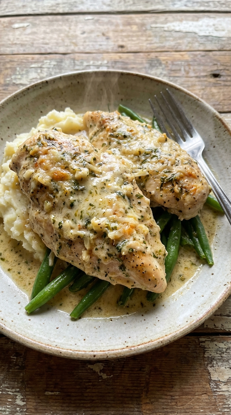 Slow Cooker Garlic Parmesan Chicken A Cozy Easy Weeknight Favorite. Close Up Plate Realistic Photo