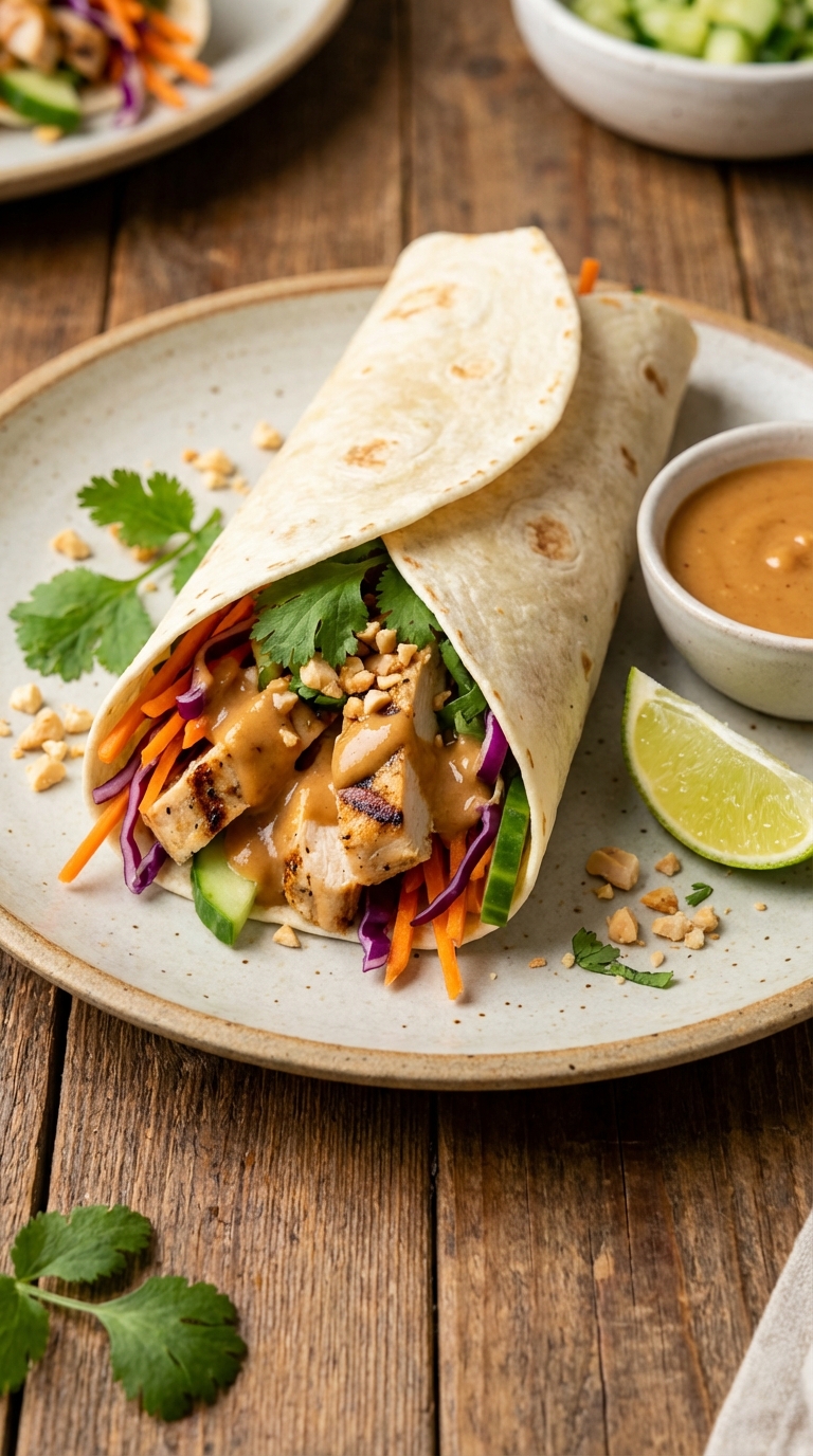 Thai Peanut Chicken Wrap Fresh Easy And Flavorful. Close Up Plate Realistic Photo