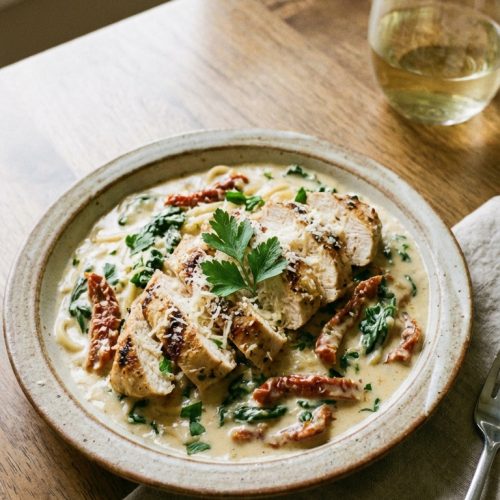 Wholesome Chicken Alfredo A Cozy Weeknight Ready Recipe. Close Up Plate Realistic Photo